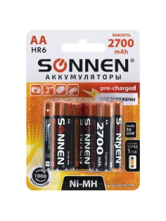 Батарейки аккумуляторные Ni-Mh пальчиковые КОМПЛЕКТ 6 шт., АА (HR6) 2700 mAh, SONNEN, 455608