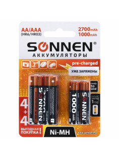 Батарейки аккумуляторные Ni-Mh пальчиковые / мизинчиковые НАБОР 8 шт. (AA+ААА) 2700/1000 mAh, SONNEN, 455612