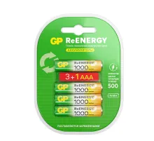 Батарейки аккумуляторные GP ReEnergy Ni-Mh КОМПЛЕКТ 4 шт. (ПРОМО 3+1), ААА (HR03), 950 mAh, 100AAAHC3/1RGY