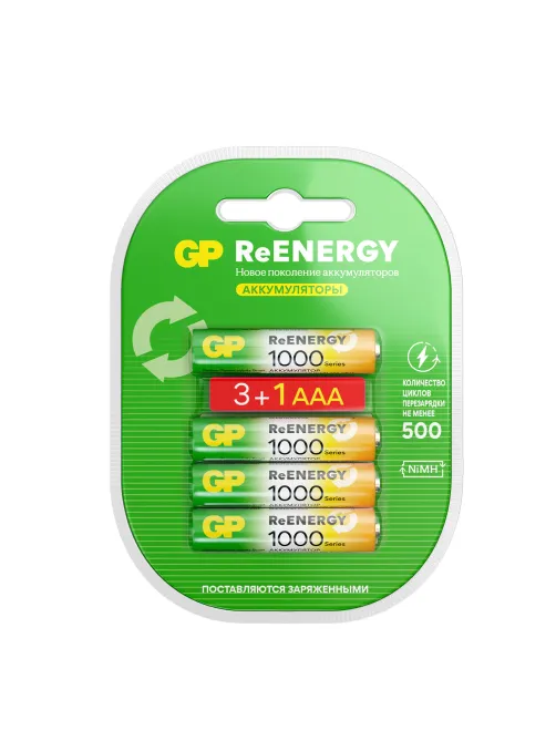 Батарейки аккумуляторные GP ReEnergy Ni-Mh КОМПЛЕКТ 4 шт. (ПРОМО 3+1), ААА (HR03), 950 mAh, 100AAAHC3/1RGY