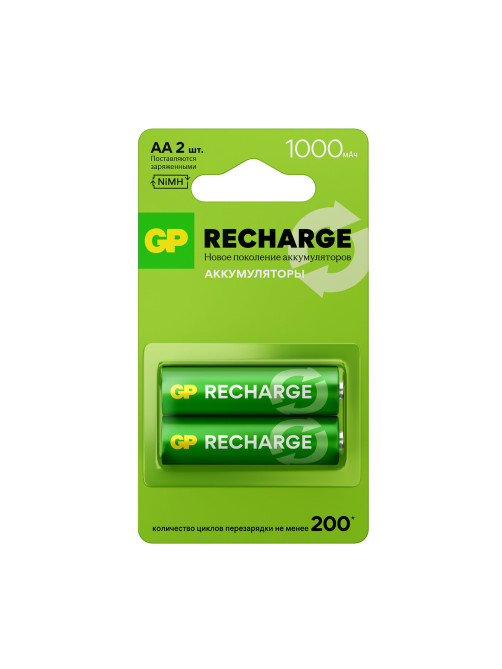 Батарейки аккумуляторные GP ReCharge Ni-Mh пальчиковые КОМПЛЕКТ 2 шт., АА (HR6) 1000 mAh, 100AAHCV, 100AAHCV-2CRSB