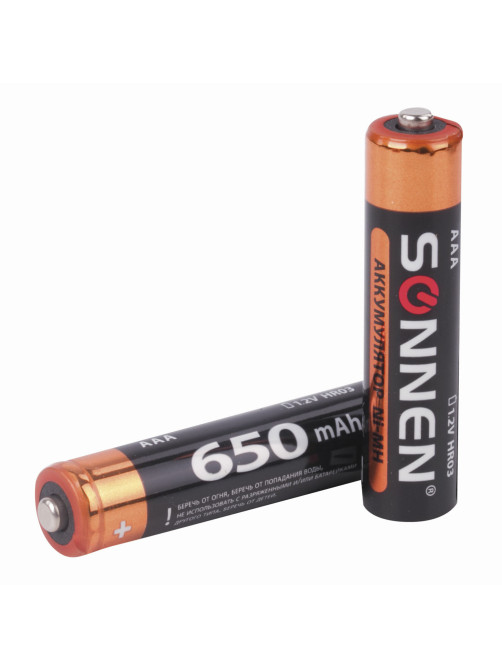 Батарейки аккумуляторные Ni-Mh мизинчиковые КОМПЛЕКТ 2 шт., AAA (HR03) 650 mAh, SONNEN, 454236