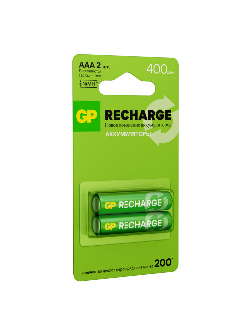 Батарейки аккумуляторные GP ReCharge Ni-Mh мизинчиковые КОМПЛЕКТ 2 шт., ААА (HR03) 400 mAh, 40AAAHCV, 40AAAHCV-2CRSB