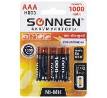 Батарейки аккумуляторные Ni-Mh мизинчиковые КОМПЛЕКТ 4 шт., AAA (HR03) 1000 mAh, SONNEN, 455610