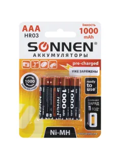 Батарейки аккумуляторные Ni-Mh мизинчиковые КОМПЛЕКТ 4 шт., AAA (HR03) 1000 mAh, SONNEN, 455610