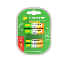 Батарейки аккумуляторные GP ReEnergy Ni-Mh НАБОР 8 шт. (ПРОМО 4+4), AA+ААА (HR6+HR03), 2000 mAh + 750 mAh, 210AAHC/75AAAHC
