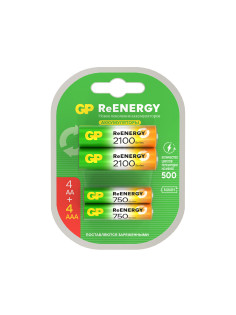 Батарейки аккумуляторные GP ReEnergy Ni-Mh НАБОР 8 шт. (ПРОМО 4+4), AA+ААА (HR6+HR03), 2000 mAh + 750 mAh, 210AAHC/75AAAHC
