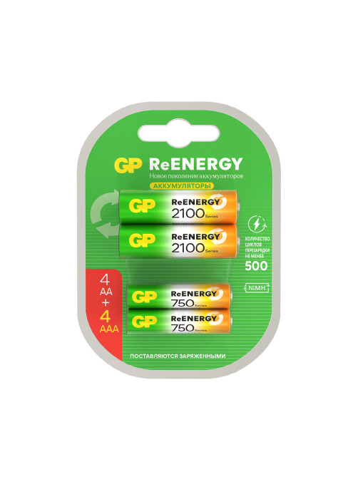 Батарейки аккумуляторные GP ReEnergy Ni-Mh НАБОР 8 шт. (ПРОМО 4+4), AA+ААА (HR6+HR03), 2000 mAh + 750 mAh, 210AAHC/75AAAHC