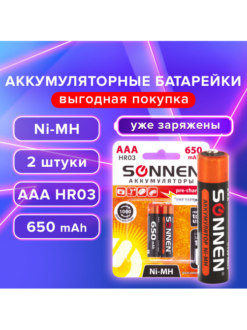 Батарейки аккумуляторные Ni-Mh мизинчиковые КОМПЛЕКТ 2 шт., AAA (HR03) 650 mAh, SONNEN, 454236