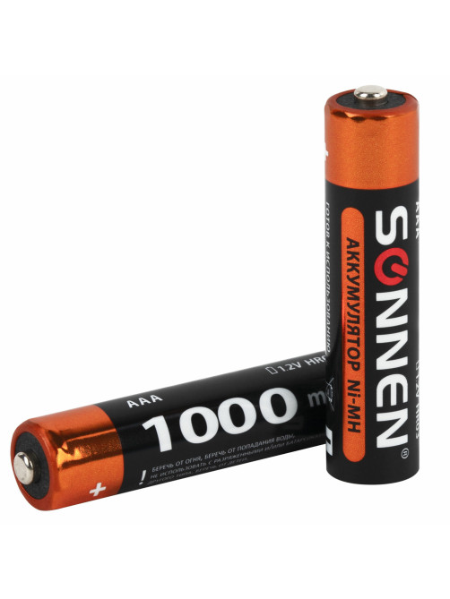 Батарейки аккумуляторные Ni-Mh мизинчиковые КОМПЛЕКТ 6 шт., AAA (HR03) 1000 mAh, SONNEN, 455611