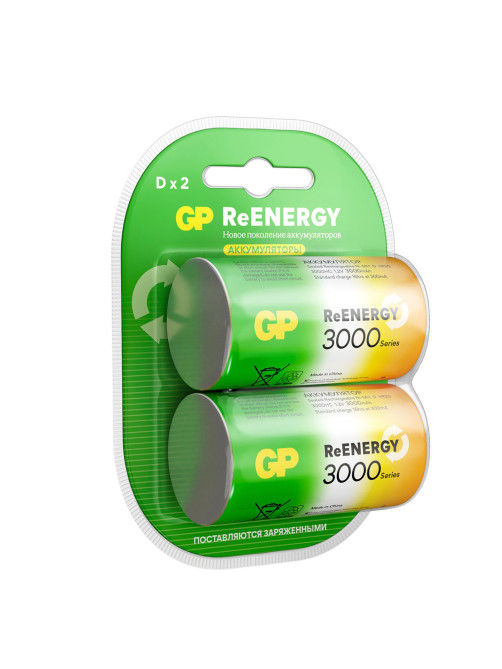 Батарейки аккумуляторные GP ReEnergy Ni-Mh КОМПЛЕКТ 2 шт., D (HR20), 3000 mAh, 300DHCRGY-2CRCB2