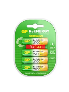 Батарейки аккумуляторные GP ReEnergy Ni-Mh КОМПЛЕКТ 4 шт. (ПРОМО 3+1), АА (HR6), 2600 mAh, 270AAHC3/1RGY, 270AAHC3/1RGY-2