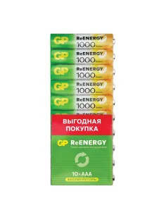 Батарейки аккумуляторные GP ReEnergy Ni-Mh мизинчиковые КОМПЛЕКТ 10 шт., ААА (HR03), 950 mAh, 100AAAHCRGY, 100AAAHC-CRB10