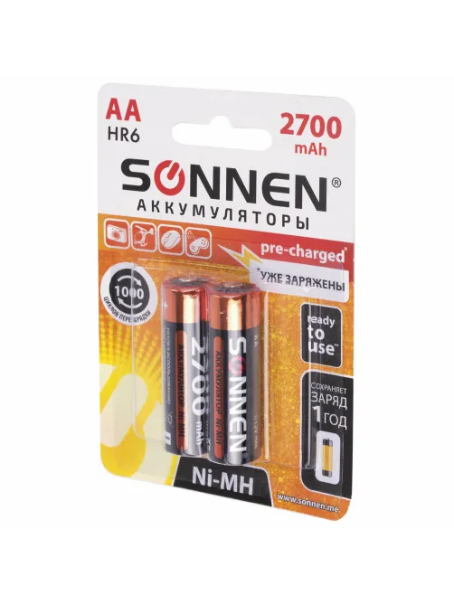 Батарейки аккумуляторные Ni-Mh пальчиковые КОМПЛЕКТ 2 шт., АА (HR6) 2700 mAh, SONNEN, 454235