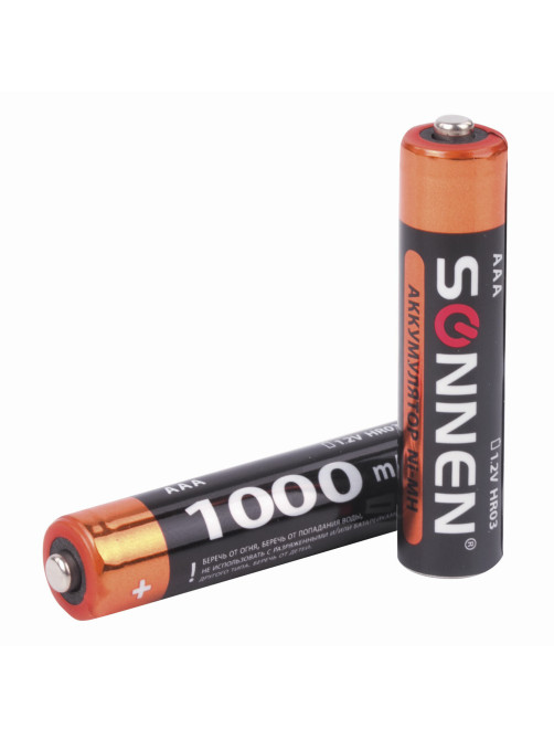 Батарейки аккумуляторные Ni-Mh мизинчиковые КОМПЛЕКТ 2 шт., AAA (HR03) 1000 mAh, SONNEN, 454237