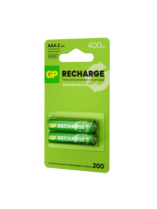 Батарейки аккумуляторные GP ReCharge Ni-Mh мизинчиковые КОМПЛЕКТ 2 шт., ААА (HR03) 400 mAh, 40AAAHCV, 40AAAHCV-2CRSB