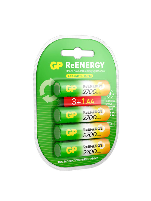 Батарейки аккумуляторные GP ReEnergy Ni-Mh КОМПЛЕКТ 4 шт. (ПРОМО 3+1), АА (HR6), 2600 mAh, 270AAHC3/1RGY, 270AAHC3/1RGY-2