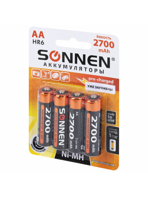 Батарейки аккумуляторные Ni-Mh пальчиковые КОМПЛЕКТ 4 шт., АА (HR6) 2700 mAh, SONNEN, 455607