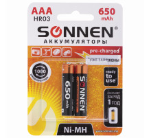 Батарейки аккумуляторные Ni-Mh мизинчиковые КОМПЛЕКТ 2 шт., AAA (HR03) 650 mAh, SONNEN, 454236