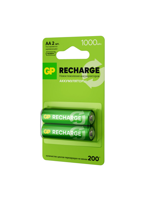 Батарейки аккумуляторные GP ReCharge Ni-Mh пальчиковые КОМПЛЕКТ 2 шт., АА (HR6) 1000 mAh, 100AAHCV, 100AAHCV-2CRSB