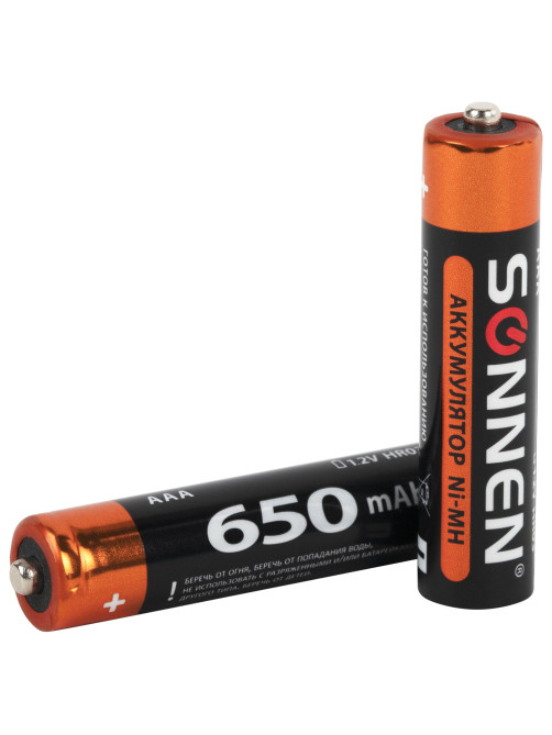 Батарейки аккумуляторные Ni-Mh мизинчиковые КОМПЛЕКТ 4 шт., AAA (HR03) 650 mAh, SONNEN, 455609