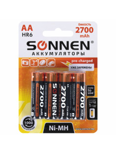 Батарейки аккумуляторные Ni-Mh пальчиковые КОМПЛЕКТ 4 шт., АА (HR6) 2700 mAh, SONNEN, 455607