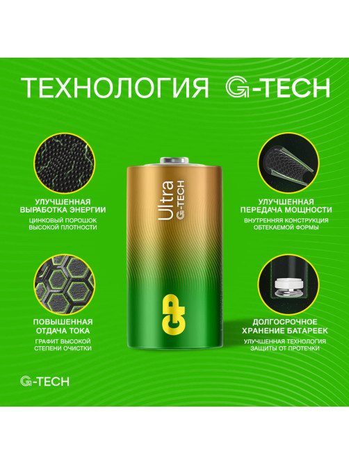 Батарейки КОМПЛЕКТ 2 шт., GP Ultra G-Tech, С (LR14, 14А), алкалиновые, блистер, 14AU-2CR2