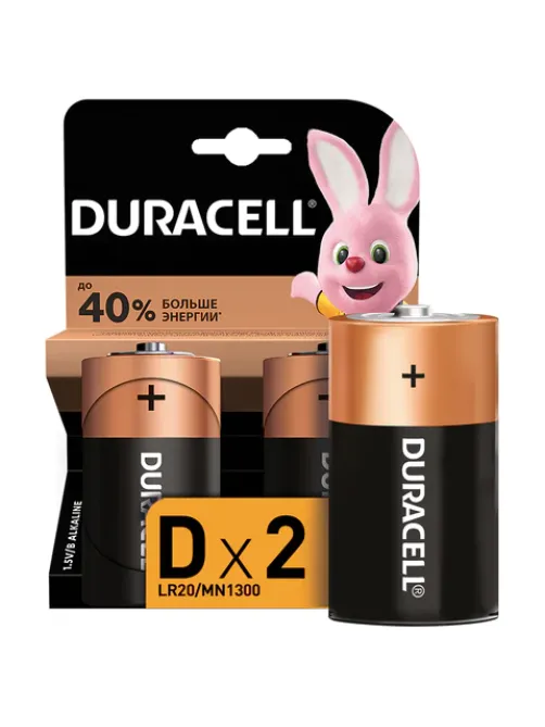 Батарейки КОМПЛЕКТ 2 шт., DURACELL Basic ОРИГИНАЛ, D (LR20, 13А), алкалиновые, блистер, MN 1300D LR20