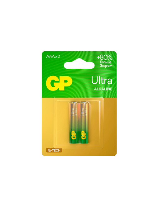 Батарейки КОМПЛЕКТ 2 шт., GP Ultra G-Tech, AAA (LR03, 24А), алкалиновые, мизинчиковые, 24AUA21-2CRSBC2