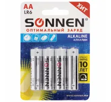 Батарейки КОМПЛЕКТ 4 шт., SONNEN Alkaline, АА (LR6, 15А), алкалиновые, пальчиковые, блистер, 451085