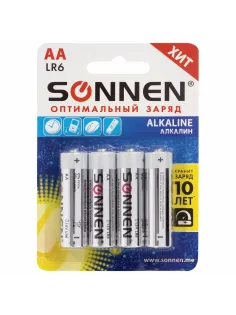 Батарейки КОМПЛЕКТ 4 шт., SONNEN Alkaline, АА (LR6, 15А), алкалиновые, пальчиковые, блистер, 451085