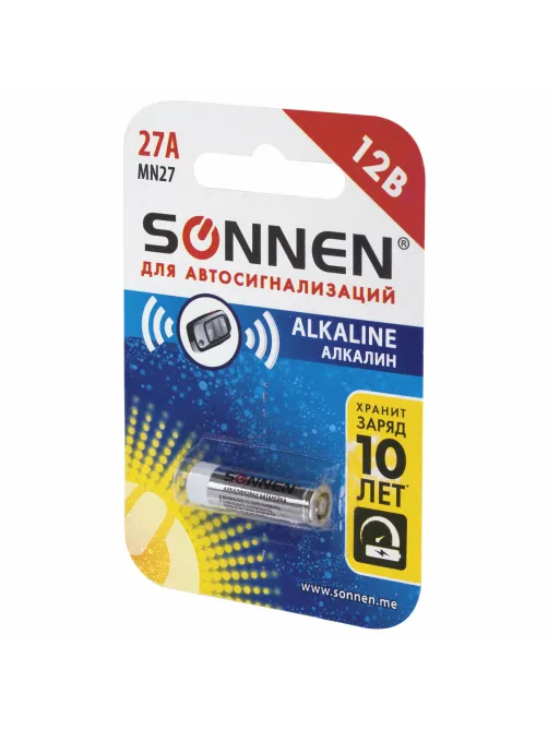 Батарейка SONNEN Alkaline, 27А (MN27), алкалиновая, для сигнализаций, 1 шт., в блистере, 451976
