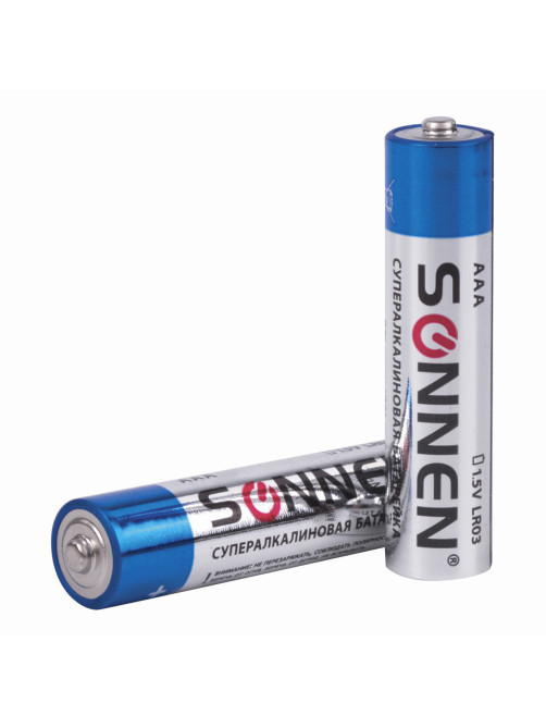 Батарейки КОМПЛЕКТ 2 шт., SONNEN Super Alkaline, AAA (LR03, 24А), алкалиновые, мизинчиковые, блистер, 451095