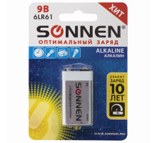 Батарейка SONNEN Alkaline, Крона (6LR61, 6LF22, 1604A), алкалиновая, 1 шт., блистер, 451092