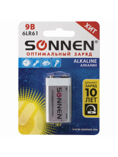 Батарейка SONNEN Alkaline, Крона (6LR61, 6LF22, 1604A), алкалиновая, 1 шт., блистер, 451092