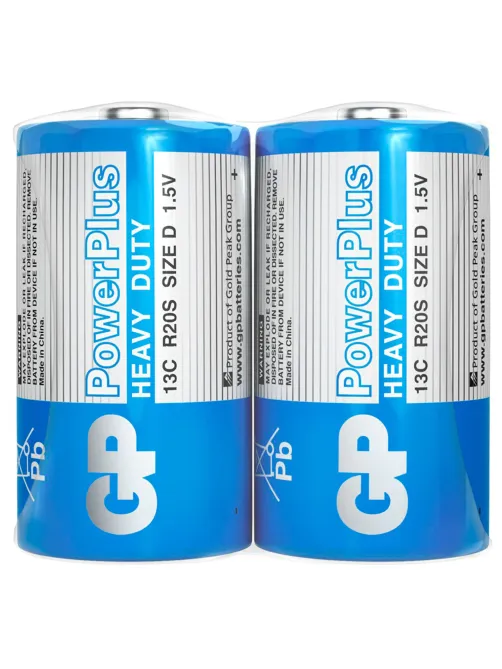 Батарейки КОМПЛЕКТ 2 шт., GP PowerPlus D (13C), солевые, в пленке, 13CEBRA-2S2