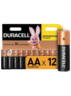 Батарейки КОМПЛЕКТ 12 шт., DURACELL Basic ОРИГИНАЛ, AA (LR6, 15А), алкалиновые, пальчиковые