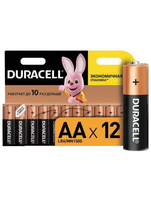 Батарейки КОМПЛЕКТ 12 шт., DURACELL Basic ОРИГИНАЛ, AA (LR6, 15А), алкалиновые, пальчиковые