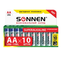 Батарейки КОМПЛЕКТ 10 шт., SONNEN Super Alkaline, АА (LR6,15А), алкалиновые, пальчиковые, в коробке, 454231