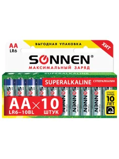 Батарейки КОМПЛЕКТ 10 шт., SONNEN Super Alkaline, АА (LR6,15А), алкалиновые, пальчиковые, в коробке, 454231