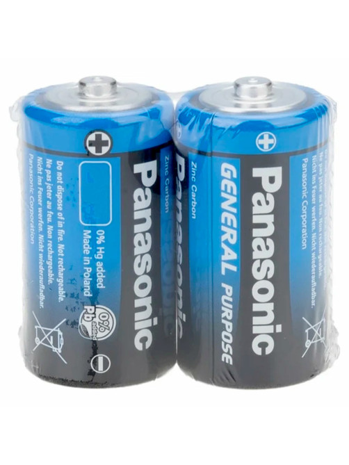 Батарейки КОМПЛЕКТ 2шт., PANASONIC D R20 (373), солевые, в пленке, 1.5 В