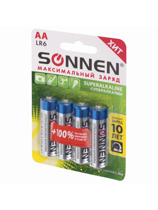 Батарейки КОМПЛЕКТ 4 шт., SONNEN Super Alkaline, АА (LR6,15А), алкалиновые, пальчиковые, блистер, 451094