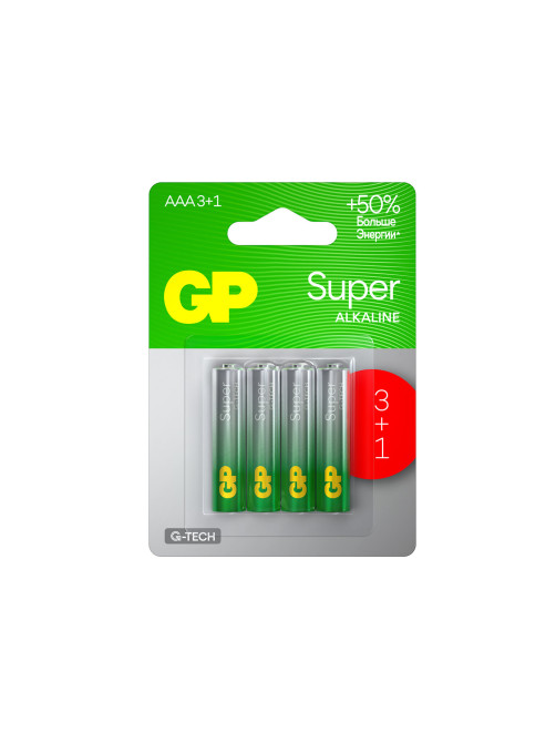 Батарейки КОМПЛЕКТ 4 шт., GP Super G-Tech, AAA (LR03,24А), алкалиновые, мизинчиковые, ПРОМО 3+1, 24A3/1-2CR4