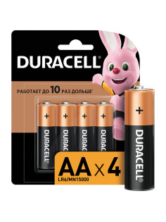 Батарейки КОМПЛЕКТ 4 шт., DURACELL Basic ОРИГИНАЛ, AA (LR6, 15А), алкалиновые, пальчиковые, MN 1500 АА LR6