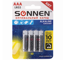 Батарейки КОМПЛЕКТ 4 шт., SONNEN Alkaline, AAA (LR03, 24А), алкалиновые, мизинчиковые, в блистере, 451088