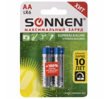 Батарейки КОМПЛЕКТ 2 шт., SONNEN Super Alkaline, АА(LR6,15А), алкалиновые, пальчиковые, в блистере, 451093