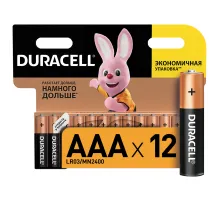 Батарейки КОМПЛЕКТ 12 шт., DURACELL Basic ОРИГИНАЛ, AAA (LR03, 24А), алкалиновые, мизинчиковые