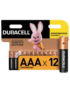 Батарейки КОМПЛЕКТ 12 шт., DURACELL Basic ОРИГИНАЛ, AAA (LR03, 24А), алкалиновые, мизинчиковые