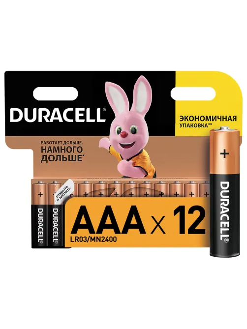 Батарейки КОМПЛЕКТ 12 шт., DURACELL Basic ОРИГИНАЛ, AAA (LR03, 24А), алкалиновые, мизинчиковые