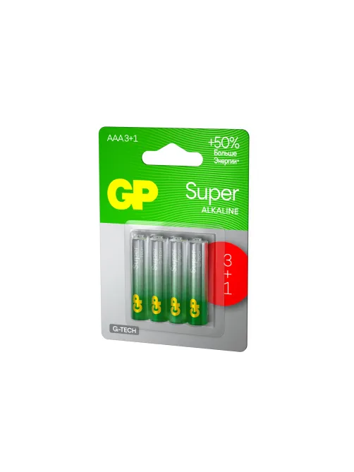 Батарейки КОМПЛЕКТ 4 шт., GP Super G-Tech, AAA (LR03,24А), алкалиновые, мизинчиковые, ПРОМО 3+1, 24A3/1-2CR4